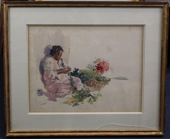 Charles Sarka (American, 1879-1960) Tahitian woman making a floral garland, 12.5 x 16in.